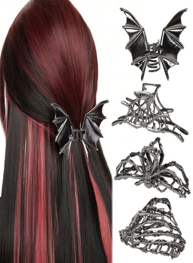 TEBIEKOY 4PCS Gothic Spider Hair Clips Black Web Bat Skeleton Hand Skull Claw Clips for Women,Large Medium Size for Thick Thin Hair,Hiphop Metal Hair Accessories for Halloween Decor Party Gift - Image 1